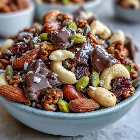 Homemade trail mix with dark chocolate featuring crunchy almonds, cashews, and sweet dried fruits, perfect for on-the-go snacking.