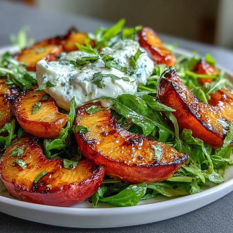 Grilled peaches and burrata salad with honey, arugula, and balsamic drizzle, a perfect summer dish.