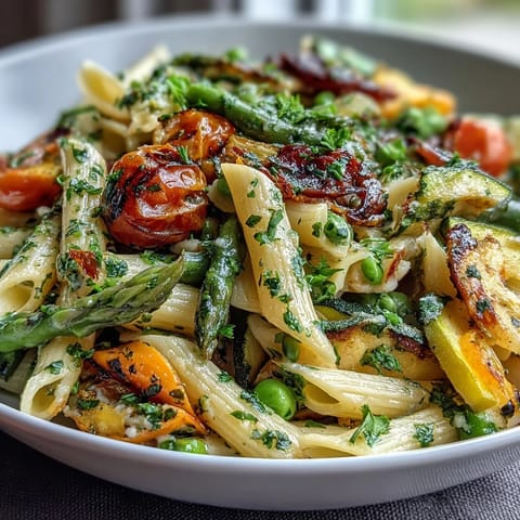 Spring Pasta Primavera with Fresh Veggies - A colorful plate of penne pasta tossed with crisp asparagus, zucchini, and cherry tomatoes, finished with a light lemon-herb sauce.