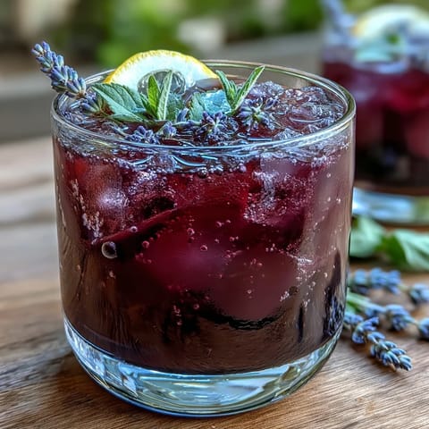 A vibrant glass of Purple Rain Lavender Lemonade Refresher, with purple hue and fresh lemon slices.