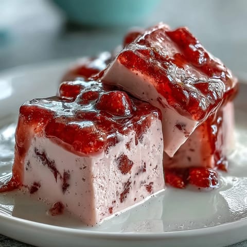 Beautiful Strawberry Rose Gelatin Mosaic Cake with vibrant cubes on a white platter.