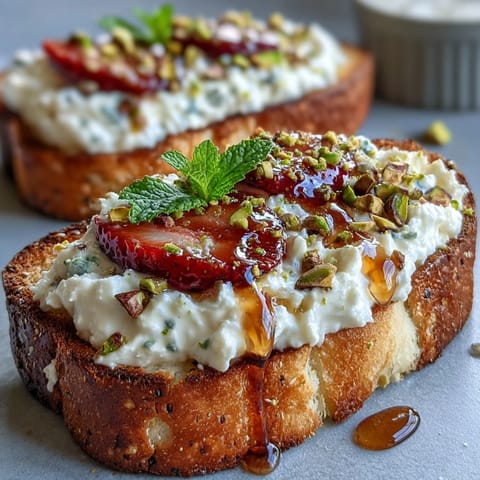 Creamy strawberry honey ricotta toast topped with vibrant, crunchy pistachios.