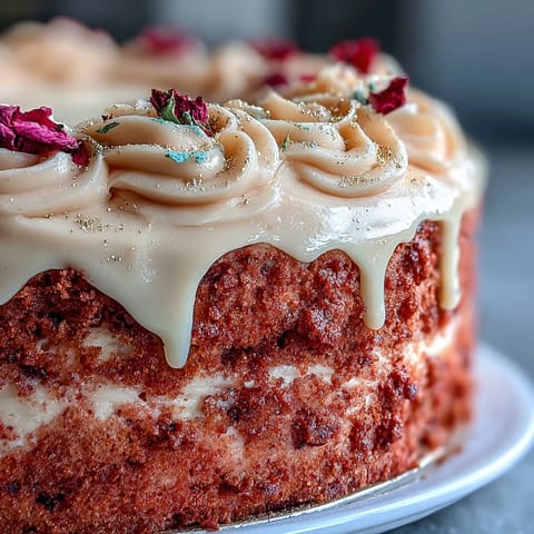 Pretty pink Bridal Shower Rosé Velvet Cake with shimmering gold drip.