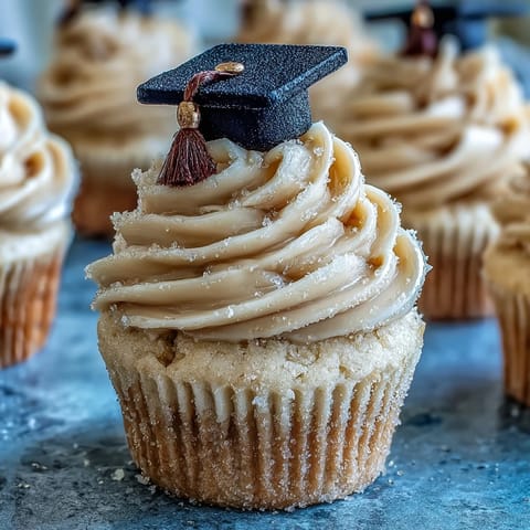 Festive graduation cupcakes showcase black and gold caps atop sweet vanilla frosting.