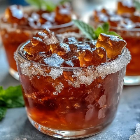 Close-up of vibrant Gummy Bear Lemonade Jelly Cups layered with colorful fruit candies.