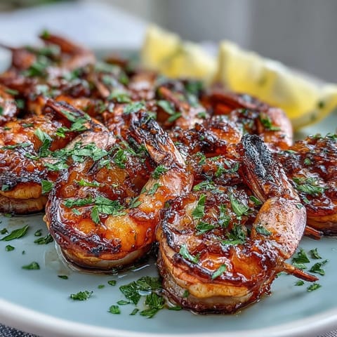 Juicy grilled honey garlic shrimp skewers glistening with char, ready to serve.