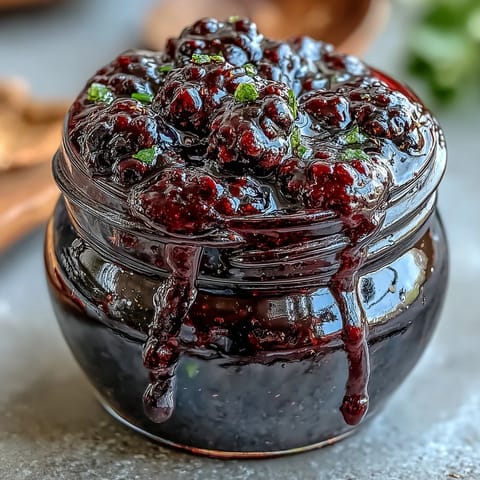 Homemade Blackberry Jalapeño BBQ Sauce, showing its thick, vibrant, sweet and spicy texture.