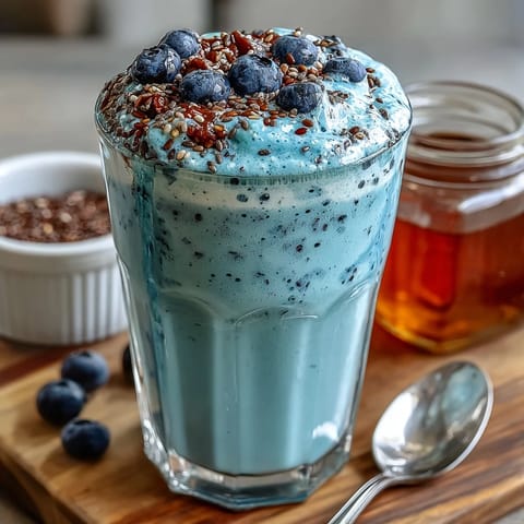 Savor this vibrant blueberry flaxseed kefir smoothie, a refreshing and healthy morning treat.