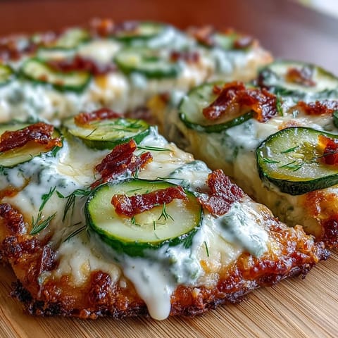 Tangy dill pickle pizza flatbread boasting melted cheese and a zesty ranch drizzle.