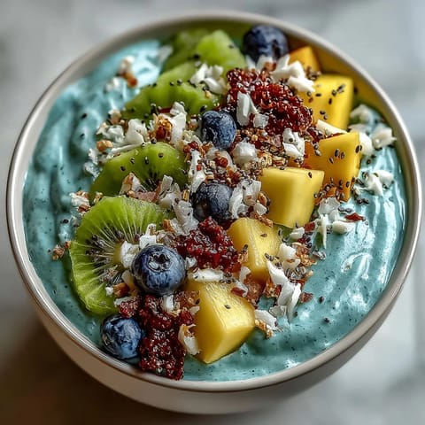 Creamy, cool blue spirulina smoothie bowl perfect for a refreshing tropical breakfast.