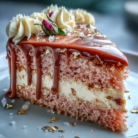Decadent pink velvet cake with delicate rosé wine flavor, ready to serve guests.