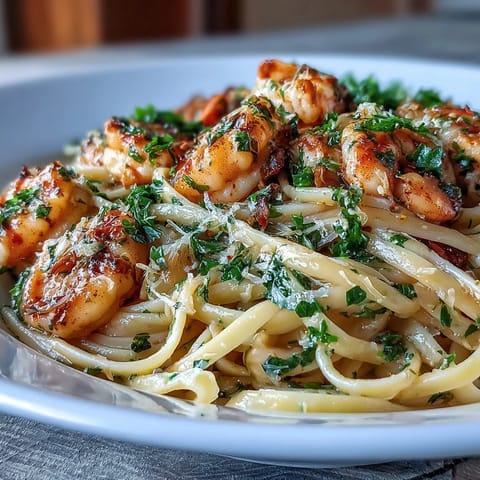 Vibrant shrimp scampi linguine glistening in a garlicky white wine sauce.