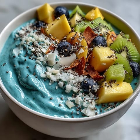 Vibrant blue spirulina smoothie bowl topped with colorful tropical fruits and granola.