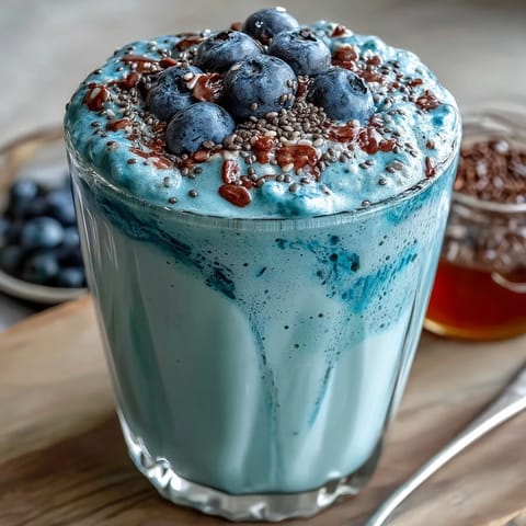 Creamy probiotic kefir smoothie with vibrant blueberries and flaxseed, perfect for breakfast.