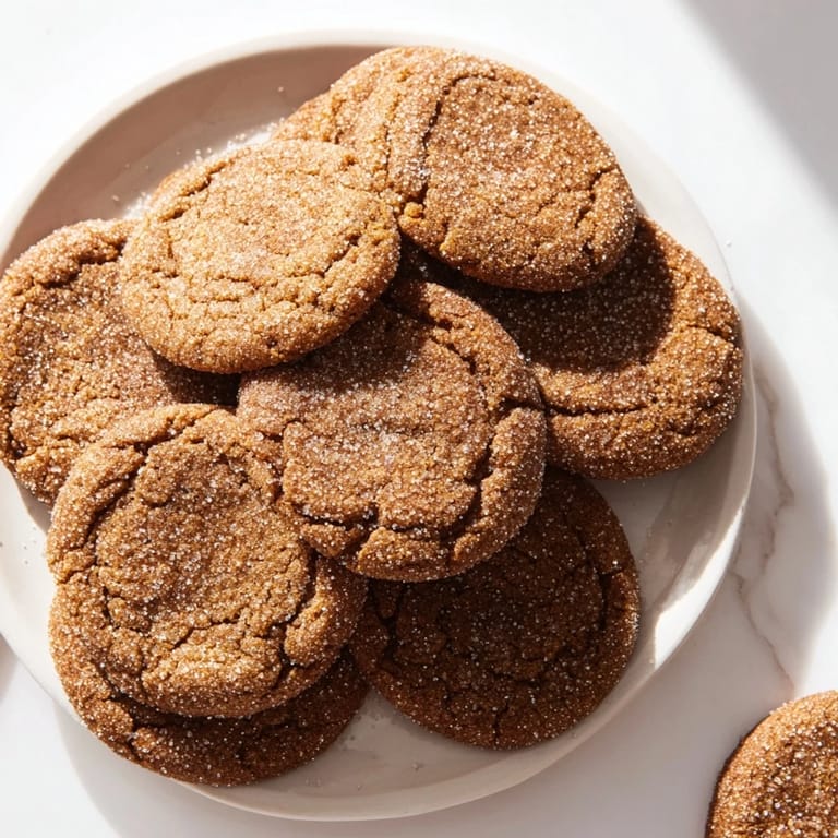 Freshly baked Soft Ginger Cookies, with a chewy center, are coated in shimmering granulated sugar.