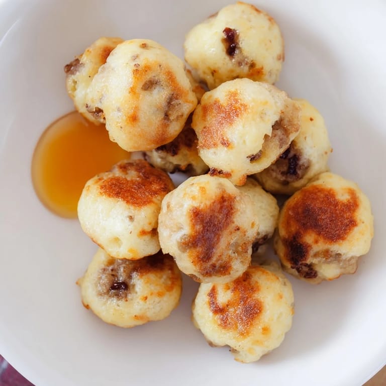 Fluffy mini pancake bites, some bulging with savory sausage, promising a delicious breakfast.