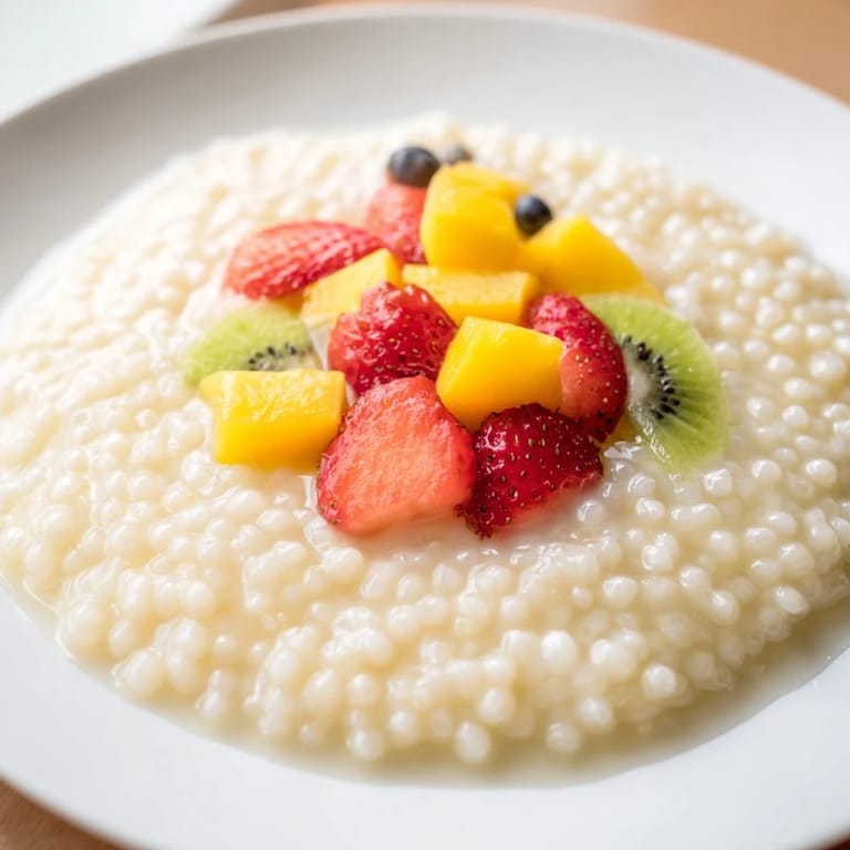 A bowl of delicious tapioca pudding, showcasing its thick comforting texture, and the vibrant fruit.
