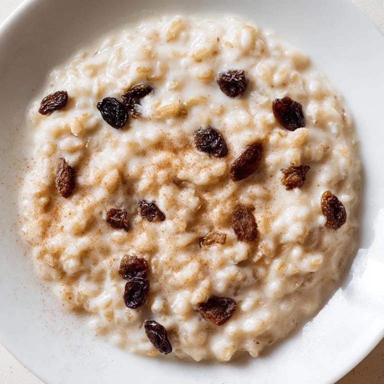 This warm rice pudding shows fluffy rice infused with sweet, delicious raisins in every bite.