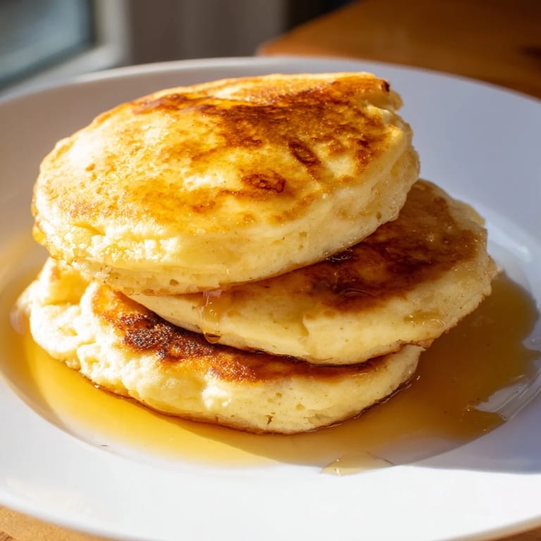A stack of cottage cheese pancakes with visible air bubbles, ready to be topped with butter.