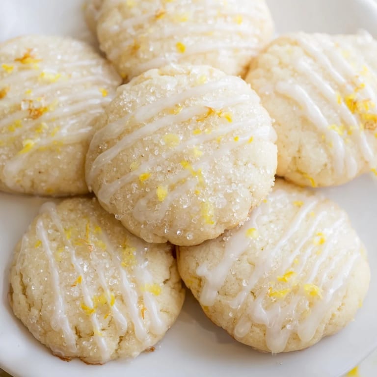 Close-up of soft and buttery Lemon Sugar Cookies, showcasing the lemon zest and sugar coating.