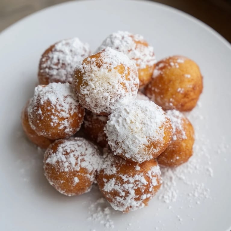 Freshly fried Doughnut Holes, dusted with powdered sugar, look amazing for a quick dessert.
