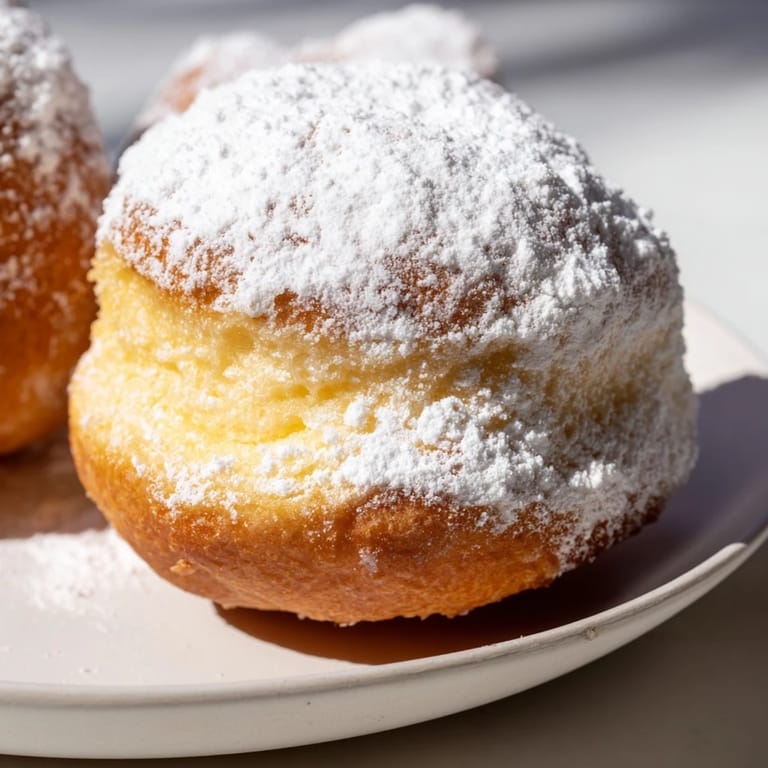 Warm, fluffy zeppole, Italian fried dough balls, piled high and ready to enjoy with a sweet aroma.