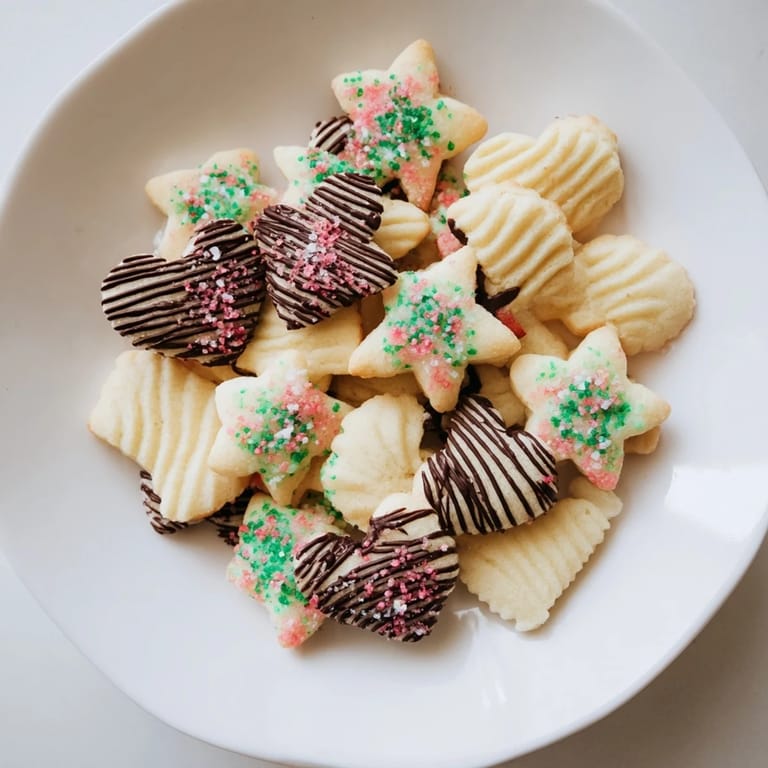 Golden-edged Spritz Cookies, delightfully crisp and decorated with colorful sprinkles and sweet drizzle.