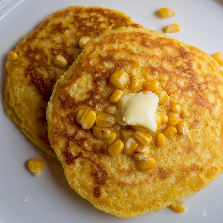 Fluffy buttermilk Corn Flapjacks with sweet corn kernels, ready to be enjoyed for a delicious breakfast.