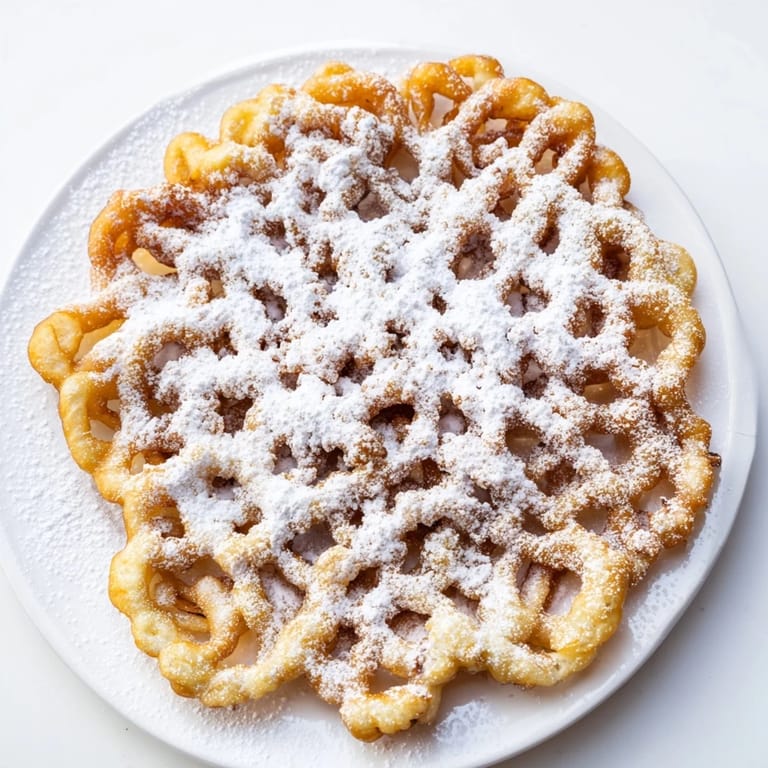A close-up of freshly fried funnel cakes, their lacy patterns glistening, ready to eat.