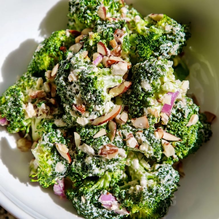 Fresh Garlic Parmesan Broccoli Salad tossed in creamy dressing with red onion and cherry tomatoes, served chilled.