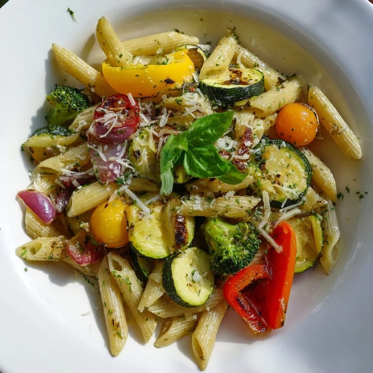 Hearty Pasta Primavera features tender broccoli, yellow squash, and red onion, garnished with lemon wedges and herbs, ready for a satisfying vegetarian main course.