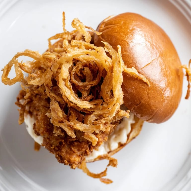 Juicy fried chicken thighs stacked with golden onion strings inside a buttery brioche bun for a satisfying meal.