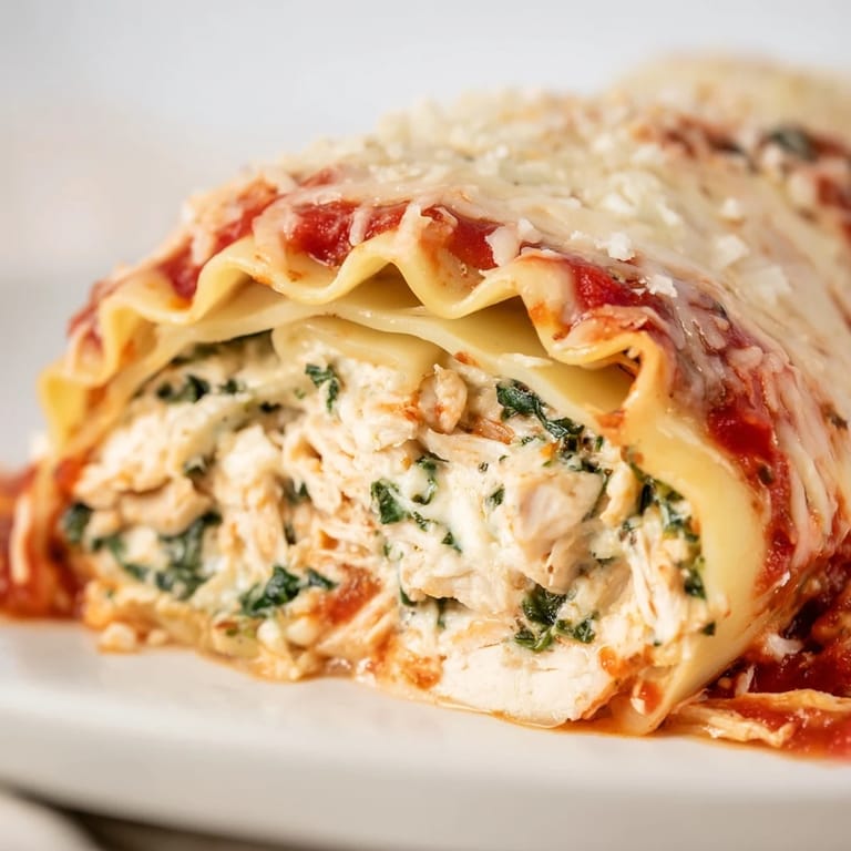 Close-up view of rolled lasagna noodles stuffed with creamy ricotta, tender chicken, and vibrant spinach, covered in red sauce.