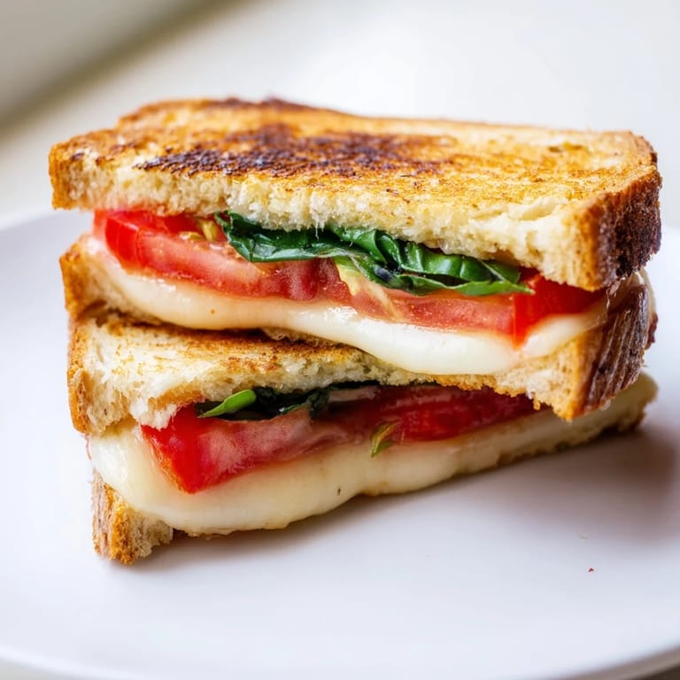 A close-up of crispy Tomato Basil Grilled Cheese highlights fresh basil leaves and ripe tomato slices on sourdough bread.  
