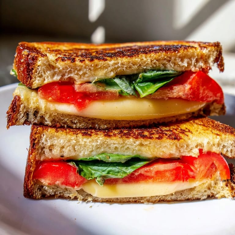 A golden-brown Tomato Basil Grilled Cheese sandwich, cut diagonally on a wooden board, ready to serve for a cozy lunch.
