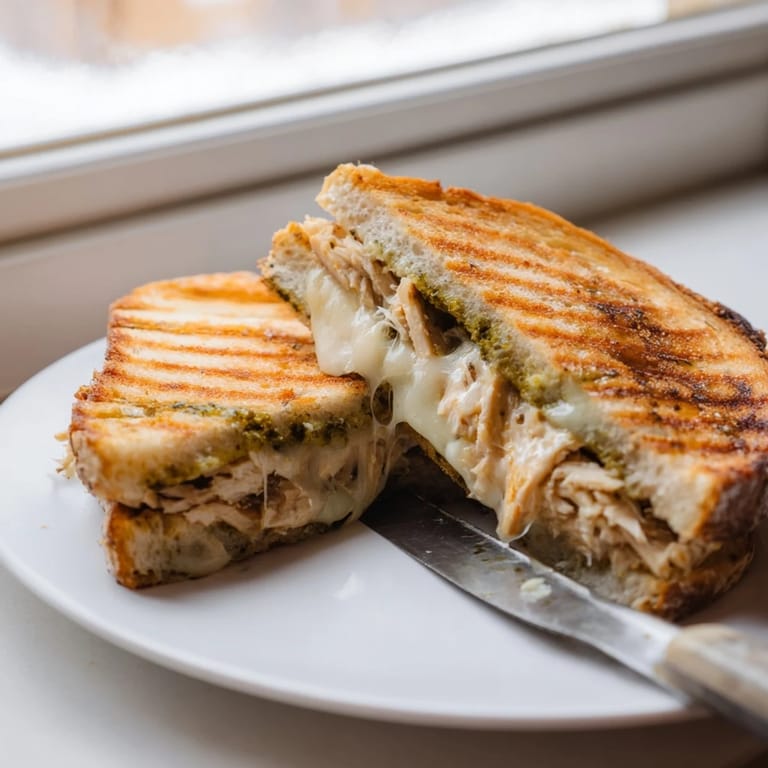 A close-up of a warm, buttery Mozzarella Pesto Chicken Grilled Cheese with fresh basil and juicy tomato slices.  