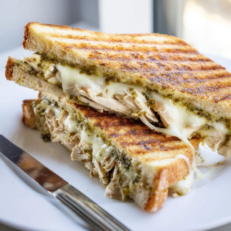 Two halves of a toasted Mozzarella Pesto Chicken Grilled Cheese showcasing gooey mozzarella, shredded chicken, and pesto on sourdough.