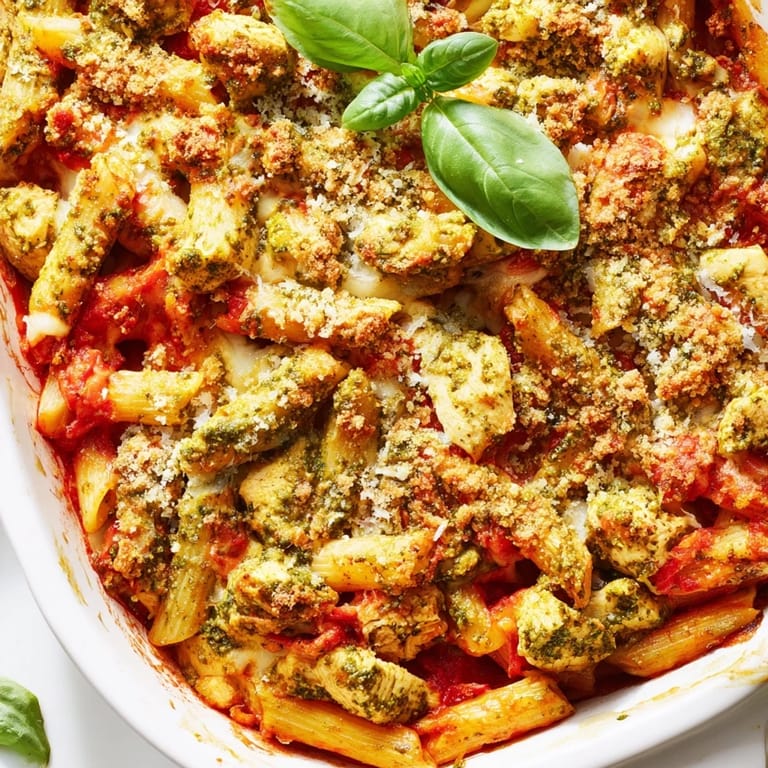 Family-style Pesto Chicken Pasta Bake casserole with golden cheese crust, ready to serve with a side salad.