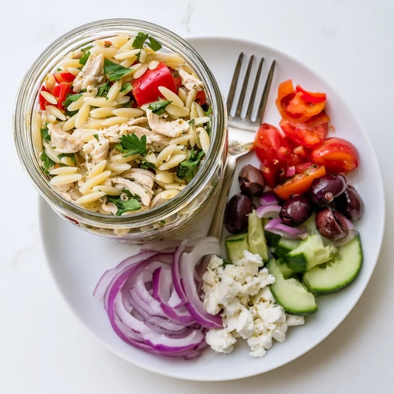 Greek pasta chicken salad jars stacked with fresh veggies, herbs, and feta, ready to shake and enjoy for meal prep.