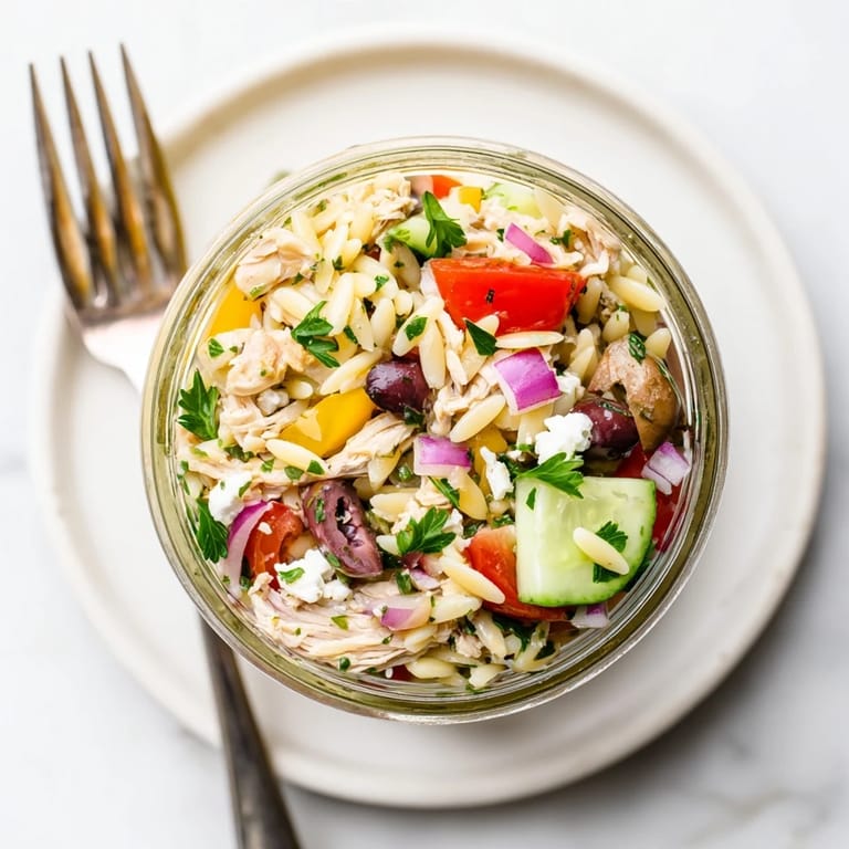 Mediterranean Greek pasta chicken salad jars feature juicy chicken, briny olives, and creamy feta, perfect for grab-and-go lunches.