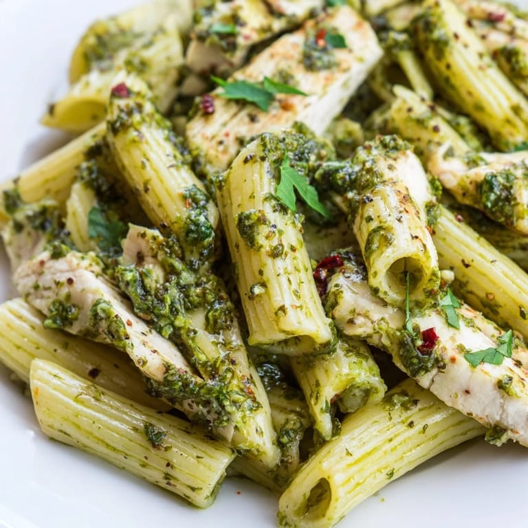 Tender slices of seasoned chicken breast over al dente pasta, finished with a bright drizzle of homemade chimichurri.