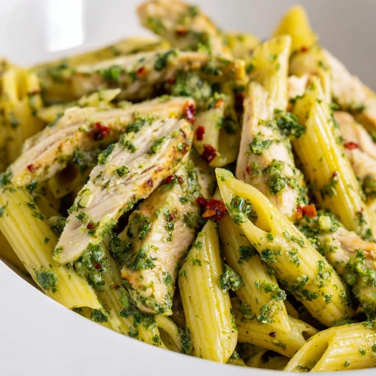 Savory chimichurri chicken pasta served hot, garnished with extra parsley and lemon wedges for a zesty finish.
