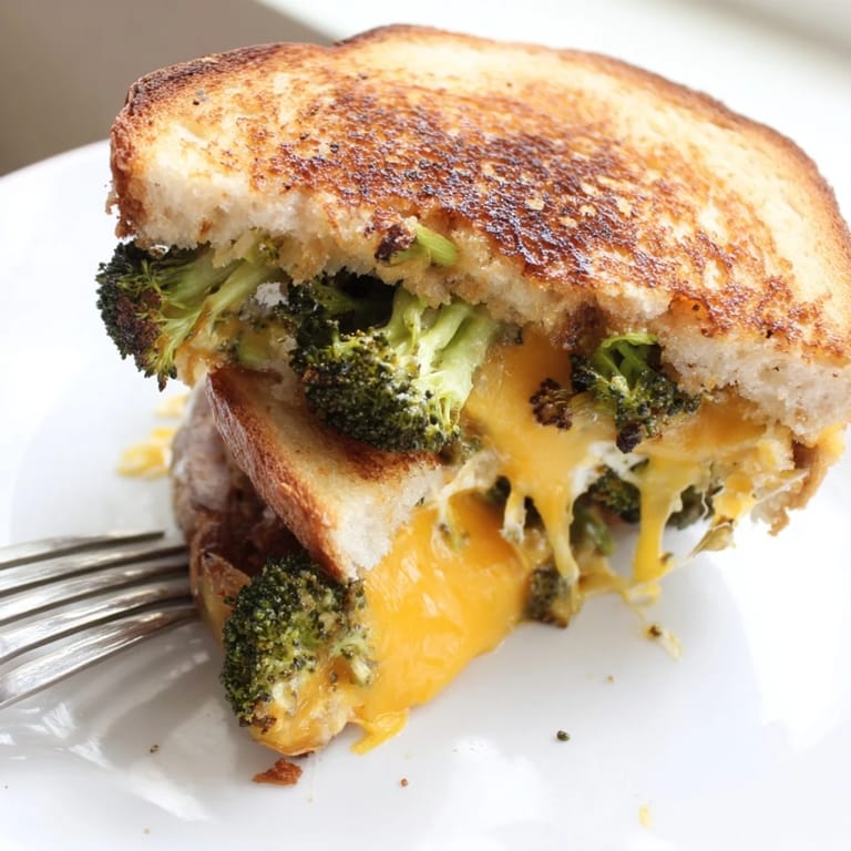 Roasted Broccoli & Cheddar Grilled Cheese is served warm, cut diagonally to reveal the gooey, savory filling.