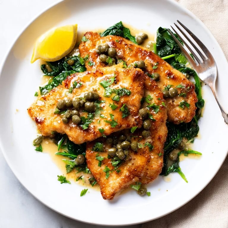 Sizzling Spinach Lemon Butter Chicken in a skillet, served over wilted greens with lemon slices for a fresh, vibrant dinner.