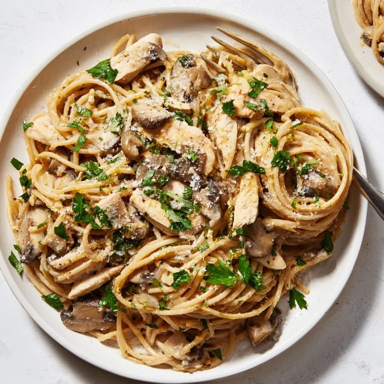 A close-up of Creamy Mushroom Chicken Spaghettini reveals silky sauce clinging to al dente noodles, with spinach and grated Parmesan stirred throughout.