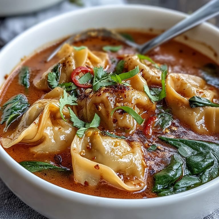 Comforting Red Curry Wonton Soup features vibrant greens and savory wontons swimming in a fragrant, Thai-inspired red curry broth.