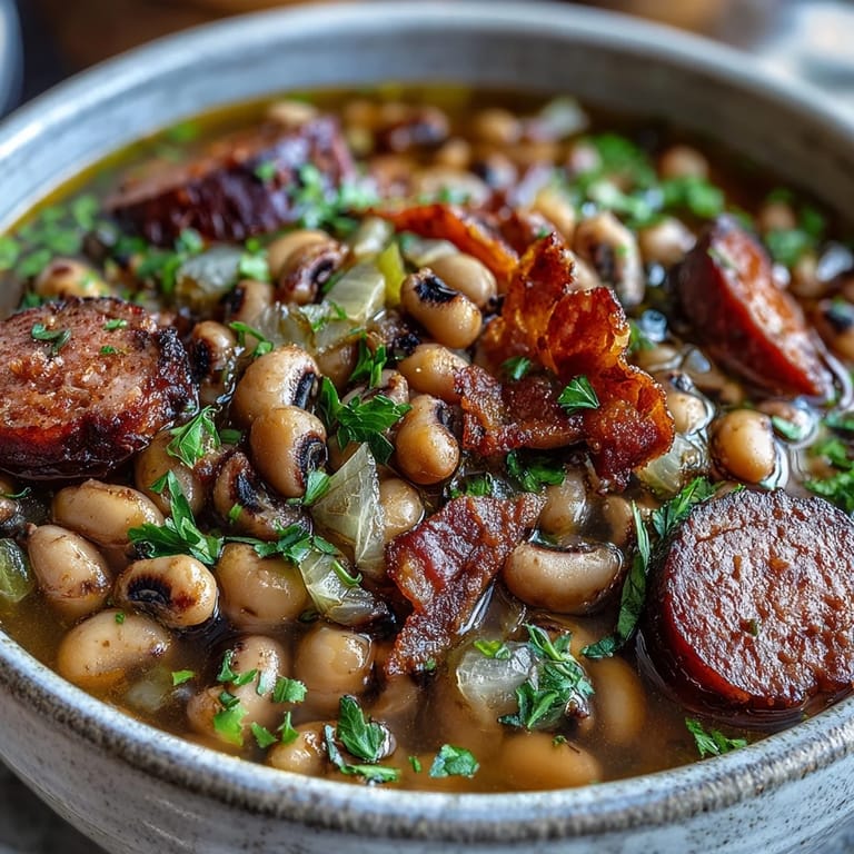 Southern-Style Black-Eyed Peas served in a rustic bowl, garnished with parsley and a side of cornbread.