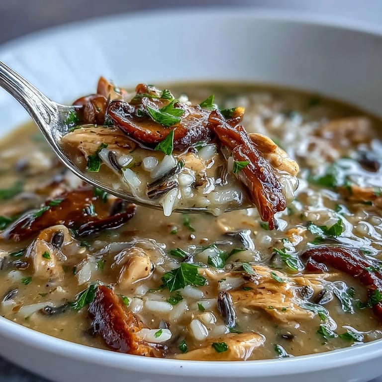 Hearty Parmesan Mushroom Chicken and Wild Rice Soup served warm with crusty bread on a rustic wooden table.
