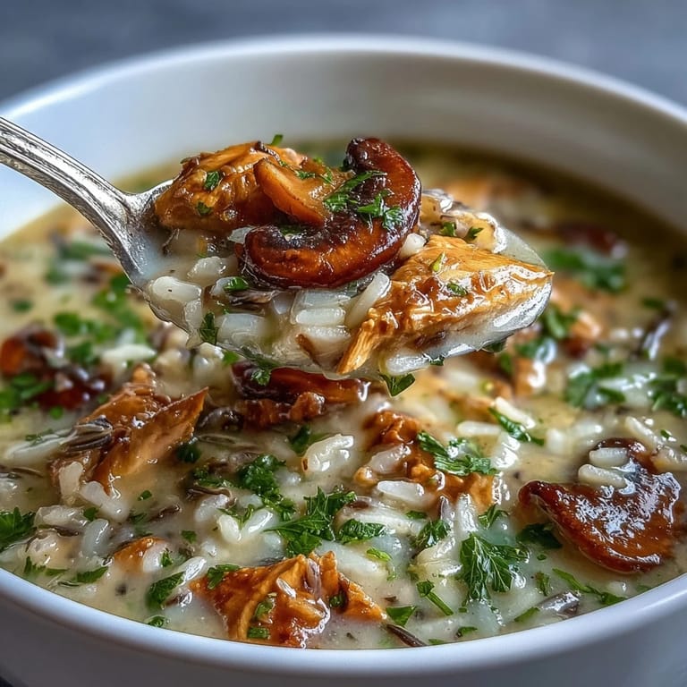 Spoonful of creamy Parmesan Mushroom Chicken and Wild Rice Soup revealing tender chicken pieces and vibrant chopped vegetables.