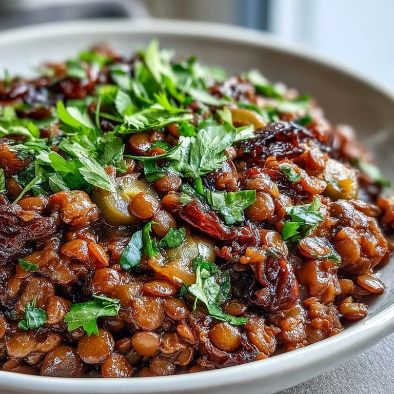 Hearty Cuban-Inspired Lentil Picadillo simmering in a skillet, featuring brown lentils, diced tomatoes, and warm spices like cumin and paprika.